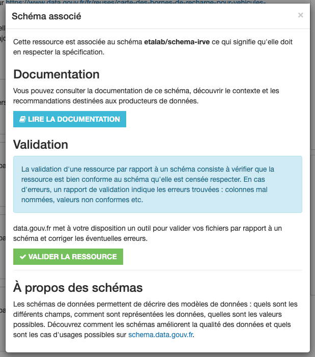 Capture d'écran de data.gouv.fr des informations disponibles sur la page d'un jeu de données lorsqu'un schéma est spécifié sur une ressource