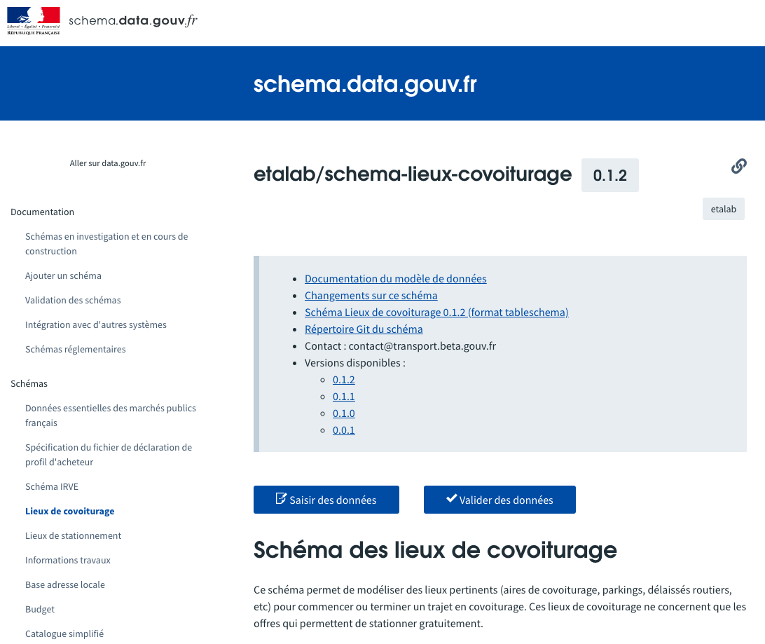 Capture d’écran de l’interface de schema.data.gouv.fr