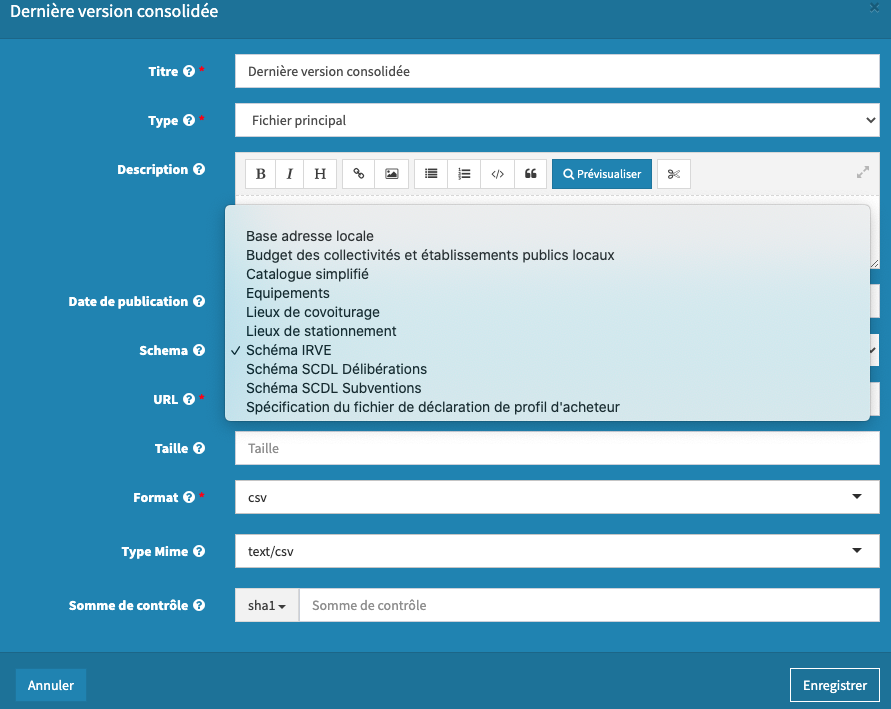 Capture d'écran de la sélection d'un schéma depuis l'interface d'administration de data.gouv.fr